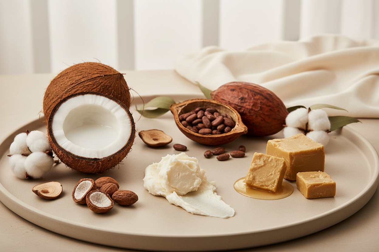 Kokosolje, sheasmør og kakaosmør
