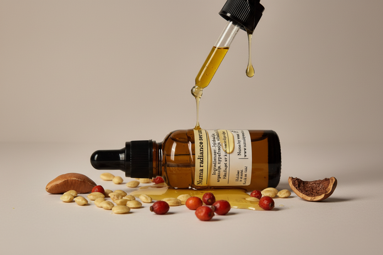 Numa Radiance Serum med ingredienser og oljedråper