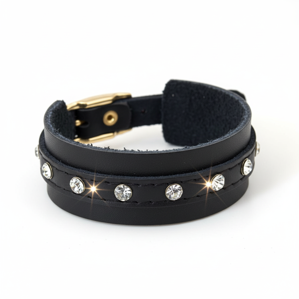 Sort lærearmbånd med strass